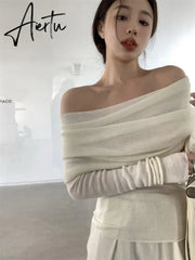 Off-the-shoulder French One-shoulder Sweater Women's New Design Autumn Winter Knitt Undershirts Aiertu