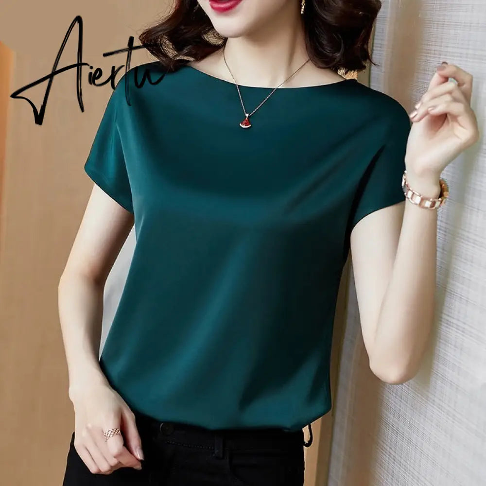 Office Lady Tops Summer Short Sleeve Blouses Satin Blouse Women Shirts Fashion Simple Solid Plus Size Loose Shirt Blusas Aiertu