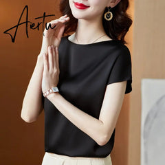 Office Lady Tops Summer Short Sleeve Blouses Satin Blouse Women Shirts Fashion Simple Solid Plus Size Loose Shirt Blusas Aiertu