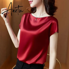 Office Lady Tops Summer Short Sleeve Blouses Satin Blouse Women Shirts Fashion Simple Solid Plus Size Loose Shirt Blusas Aiertu