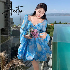 Oil Painting Print Dress Women French Chic Puff Sleeve V-neck Backless Tutu Skirt Summer Seaside Vacation Beach Dress Aiertu