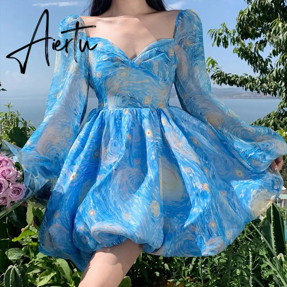 Oil Painting Print Dress Women French Chic Puff Sleeve V-neck Backless Tutu Skirt Summer Seaside Vacation Beach Dress Aiertu