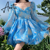 Oil Painting Print Dress Women French Chic Puff Sleeve V-neck Backless Tutu Skirt Summer Seaside Vacation Beach Dress Aiertu