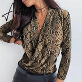 OL Women Long Sleeve Deep V-neck Shirt Blouses Tops Sexy Criss-cross Snake Skin Shirt Work Business Formal Shirt Outwear Fall Aiertu