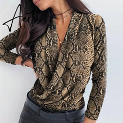 OL Women Long Sleeve Deep V-neck Shirt Blouses Tops Sexy Criss-cross Snake Skin Shirt Work Business Formal Shirt Outwear Fall Aiertu