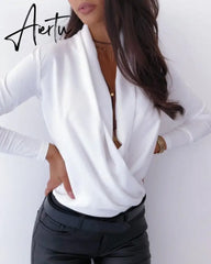 OL Women Long Sleeve Deep V-neck Shirt Blouses Tops Sexy Criss-cross Snake Skin Shirt Work Business Formal Shirt Outwear Fall Aiertu