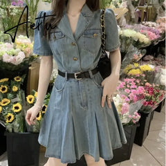 One Piece Denim Dress Korean Style Comfortable Short Sleeve Mini A-LINE Dresses Women Summer Clothing New Fashion Aiertu