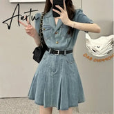 One Piece Denim Dress Korean Style Comfortable Short Sleeve Mini A-LINE Dresses Women Summer Clothing New Fashion Aiertu