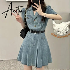 One Piece Denim Dress Korean Style Comfortable Short Sleeve Mini A-LINE Dresses Women Summer Clothing New Fashion Aiertu