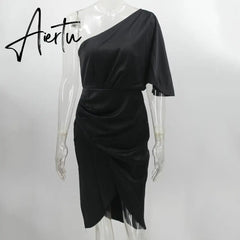 One Shoulder Ruched Midi Women Party Satin Dress Christmas Irregular Flare Sleeve Sexy Green Silk Elegant Aiertu