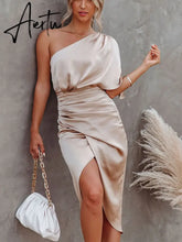 One Shoulder Ruched Midi Women Party Satin Dress Christmas Irregular Flare Sleeve Sexy Green Silk Elegant Aiertu