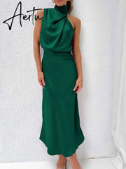 One Shoulder Turtleneck Tank Satin Women Party Dress Robe Zip Sleeveless Elegant Vintage Folds Women Clothing Aiertu