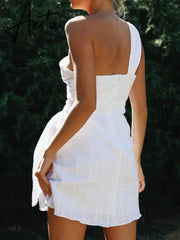 One Shoulder White Cotton Ruched Short Summer Dress Bowknot Beach Sundress Women Sleeveless Solid Dress Aiertu