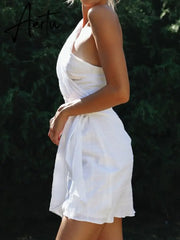 One Shoulder White Cotton Ruched Short Summer Dress Bowknot Beach Sundress Women Sleeveless Solid Dress Aiertu