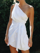 One Shoulder White Cotton Ruched Short Summer Dress Bowknot Beach Sundress Women Sleeveless Solid Dress Aiertu