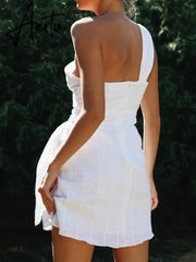 One Shoulder White Cotton Ruched Short Summer Dress Bowknot Beach Sundress Women Sleeveless Solid Dress Aiertu