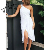 One Shoulder White Cotton Ruched Short Summer Dress Bowknot Beach Sundress Women Sleeveless Solid Dress Aiertu