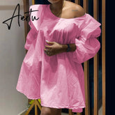 Oversized Women Cotton Shirt Dress Cute Ladies Puff Sleeve Off Shoulder Loose Elegant Street Vacation Outfits Summer Fall Aiertu