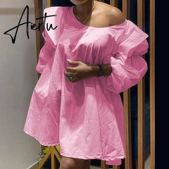 Oversized Women Cotton Shirt Dress Cute Ladies Puff Sleeve Off Shoulder Loose Elegant Street Vacation Outfits Summer Fall Aiertu