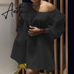 Oversized Women Cotton Shirt Dress Cute Ladies Puff Sleeve Off Shoulder Loose Elegant Street Vacation Outfits Summer Fall Aiertu