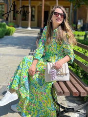 Paisley Print Shirt Dress Elegant Autumn Spring Green Dress Floral Print Boho Female Maxi Dress Long Sleeve Dress Aiertu