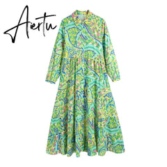 Paisley Print Shirt Dress Elegant Autumn Spring Green Dress Floral Print Boho Female Maxi Dress Long Sleeve Dress Aiertu