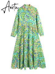 Paisley Print Shirt Dress Elegant Autumn Spring Green Dress Floral Print Boho Female Maxi Dress Long Sleeve Dress Aiertu