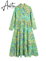 Paisley Print Shirt Dress Elegant Autumn Spring Green Dress Floral Print Boho Female Maxi Dress Long Sleeve Dress Aiertu