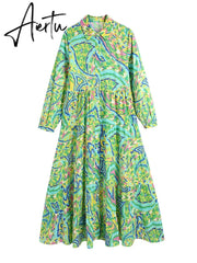 Paisley Print Shirt Dress Elegant Autumn Spring Green Dress Floral Print Boho Female Maxi Dress Long Sleeve Dress Aiertu