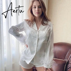 Pajamas For Women 2 Piece Set Feathers Long Sleeve Turn Down Collar Sleepwear Autumn Casual Night Suits With Shorts Satin Aiertu