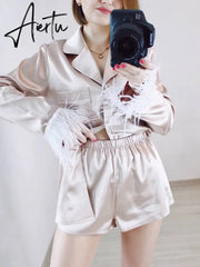 Pajamas For Women 2 Piece Set Feathers Long Sleeve Turn Down Collar Sleepwear Autumn Casual Night Suits With Shorts Satin Aiertu