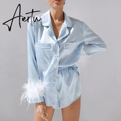 Pajamas For Women 2 Piece Set Feathers Long Sleeve Turn Down Collar Sleepwear Autumn Casual Night Suits With Shorts Satin Aiertu