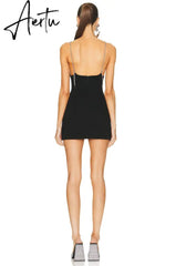 Party Dress Women Luxury Crystal Bow Spaghetti Strap Black Sleeveless Sexy Mini Bodycon Bandage Dress Vestido Aiertu