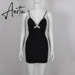 Party Dress Women Luxury Crystal Bow Spaghetti Strap Black Sleeveless Sexy Mini Bodycon Bandage Dress Vestido Aiertu