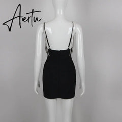 Party Dress Women Luxury Crystal Bow Spaghetti Strap Black Sleeveless Sexy Mini Bodycon Bandage Dress Vestido Aiertu