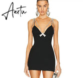Party Dress Women Luxury Crystal Bow Spaghetti Strap Black Sleeveless Sexy Mini Bodycon Bandage Dress Vestido Aiertu