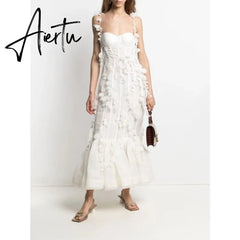 Party Dresses White Pretty Elegant Mermaid Prom Spaghetti Strap Sleeveless 3D Flowers With Chest Pad Appliques Women Dress Made Aiertu