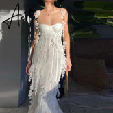 Party Dresses White Pretty Elegant Mermaid Prom Spaghetti Strap Sleeveless 3D Flowers With Chest Pad Appliques Women Dress Made Aiertu