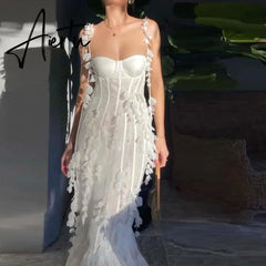 Party Dresses White Pretty Elegant Mermaid Prom Spaghetti Strap Sleeveless 3D Flowers With Chest Pad Appliques Women Dress Made Aiertu