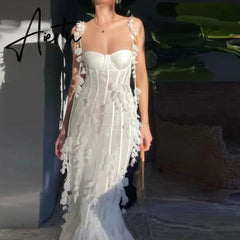 Party Dresses White Pretty Elegant Mermaid Prom Spaghetti Strap Sleeveless 3D Flowers With Chest Pad Appliques Women Dress Made Aiertu