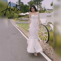 Party Dresses White Pretty Elegant Mermaid Prom Spaghetti Strap Sleeveless 3D Flowers With Chest Pad Appliques Women Dress Made Aiertu