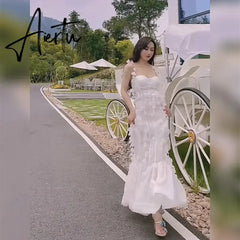 Party Dresses White Pretty Elegant Mermaid Prom Spaghetti Strap Sleeveless 3D Flowers With Chest Pad Appliques Women Dress Made Aiertu
