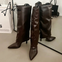 Party Modern Ladies Knee High Boots Pointed Toe Fashion Pleated Western Women Long Boots Shoes Female Pumps Heels Shoes Aiertu