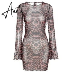 Party Night Sexy Leopard Backless See-Through Clubwear Women Clothing Flared Sleeves Lace Up Bodycon Mini Street Dresses Aiertu