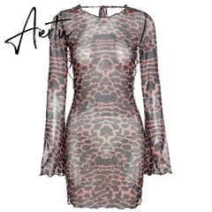 Party Night Sexy Leopard Backless See-Through Clubwear Women Clothing Flared Sleeves Lace Up Bodycon Mini Street Dresses Aiertu