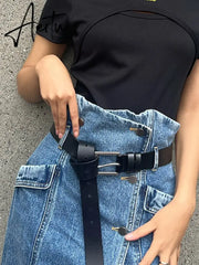 Patchwork Belt Skirts For Women High Waist Split Summer A Line Summer Temperament Skirt Female Fashion Clothing New Aiertu