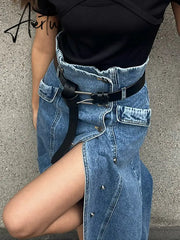 Patchwork Belt Skirts For Women High Waist Split Summer A Line Summer Temperament Skirt Female Fashion Clothing New Aiertu