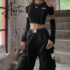 Patchwork Black T-shirts Gothic One Shoulder Sleeve Y2k Crop Tops Ruffles Hem Hip Hop Techwear Women Tees Aiertu