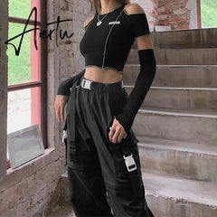 Patchwork Black T-shirts Gothic One Shoulder Sleeve Y2k Crop Tops Ruffles Hem Hip Hop Techwear Women Tees Aiertu