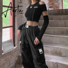Patchwork Black T-shirts Gothic One Shoulder Sleeve Y2k Crop Tops Ruffles Hem Hip Hop Techwear Women Tees Aiertu